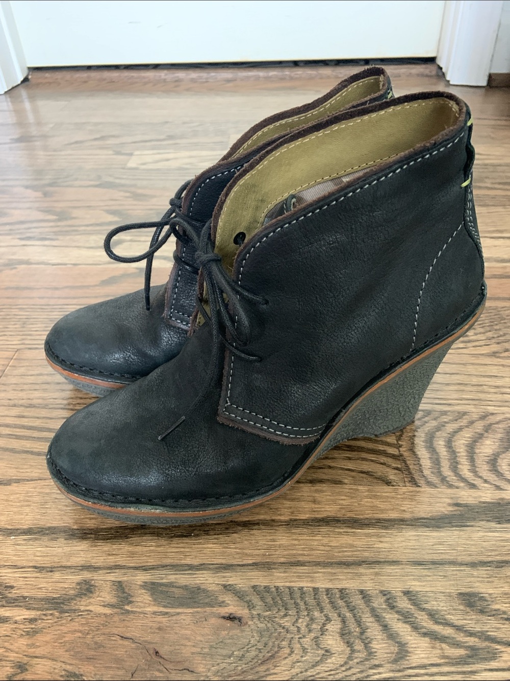 Bussola Eindoven Black Leather Lace Up Wedge Booties